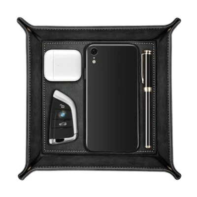 Obrázek SITHON Taschenleerer Tablett Organizer, Ablage Aufbewahrungsbox, Kunstleder Ablageschale Schlüsselschale für Uhren Handy Schmuck Schlüssel Münzen Geldbörse und Büroausstattung, (Schwarz)