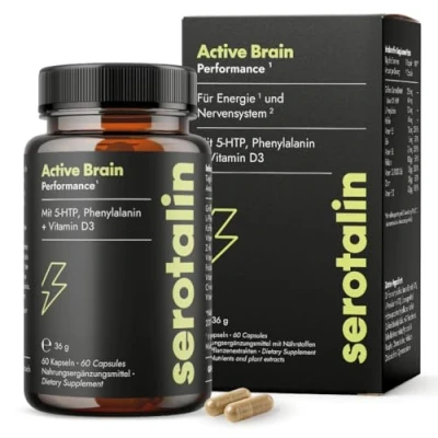 Obrázek serotalin® Originální nádoby Energie, motivace a zaměření s Griffonia + vitaminem D3 fenylalanin vitamin B12, B6, zinek, chrom kofein 100% veganské, 60 kapslí po dobu 2 měsíců