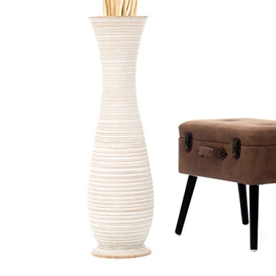 Obrázek Leewadee Velká dekorativní podlahová váza pro dekorační větve, vysoká stojací na pampovou trávu, design dřevěná váza, 90 cm, White Wash