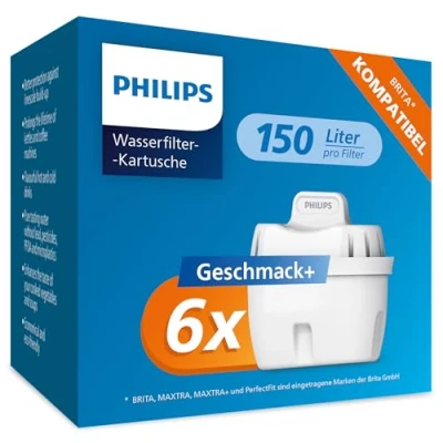 Obrázek Philips Water Kartuše s vodním filtrem, balení po 6 ks, kompatibilní Britou, redukuje mikroplasty, chlór, vápno, těžké kovy