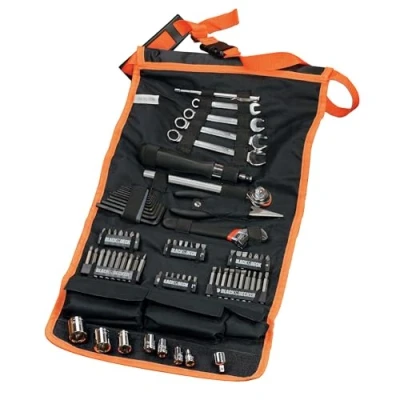 Obrázek BLACK+DECKER sada příslušenství do auta 77dílná se všemi momentovými klíči pro šroubovák auta, bitů auto motorová vozidla nářadí v rolovacím pouzdru s příslušenstvím na