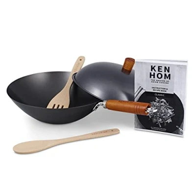 Obrázek Ken Hom Carbonstahl Wokpfanne Set mit 31cm Pfanne Deckel 1x Pfannenwender aus Holz, Holzlöffel, Anleitungsheft Rezepten, Nicht Induktion/Holzgriff