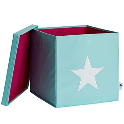 Obrázek LOVE IT STORE Úložný box s víkem Kallax vložka z látky zesílená dřevem, nosnost do 30 kg omyvatelný tyrkysový bílou hvězdou 33 x cm