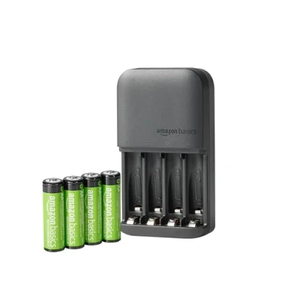 Obrázek Amazon Basics AA NiMh Batterien, wiederaufladbar, mit Batterieladegerät für 4 EU Stecker, Stück, Schwarz