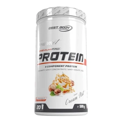 Obrázek Best Body Nutrition Gourmet Premium Pro Protein, krémová drážka, 4komponentní proteinový koktejl: Caseinat, Whey koncentrát, Isolat, Eiprotein, 500 g dóza