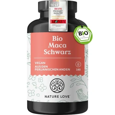 Obrázek NATURE LOVE® Kapsle Bio Maca (černé) 3000 mg v každé denní dávce 180 kapslí s přírodním vitamínem C bez stearátu hořečnatého, certifikované bio, vysoká dávka, veganské, vyrobeno Německu