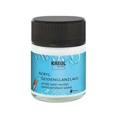 Obrázek KREUL 79402 Akryl hedvábně lesklý lak, transparentní, 50 ml sklo, na vodní bázi, ochranný a vrchní lak pro prosušené nátěry, podmíněně odolný proti povětrnostním vlivům, vůči