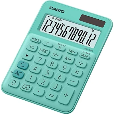 Obrázek CASIO Stolní kalkulačka MS 20UC GN, 12místná, v trendových barvách, výpočet daně, přepočet času, solární/bateriový provoz, zelená