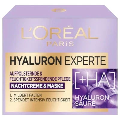 Obrázek L&#039;Oréal Paris Hyaluron Experte noční krém a obličejová maska se dvěma druhy kyseliny hyaluronové pro polstrovanou hydratovanou pokožku, 50 ml