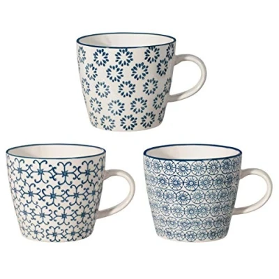 Obrázek Bloomingville Šálky s uchem Kristina Retro kávový šálek na čaj Vintage silnostěnný ø 9,5 x V 8 cm, modrá, keramika, sada 3 ks, pojme cca 280 ml