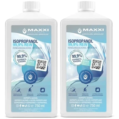 Obrázek Maxxi Clean 2x 750 ml čistého isopropanolu (99,9%) čisticí alkohol rozpouštědlo a lze použít beze zbytku pro čištění elekt. součástek, gramofonových desek, tlakových hlav dalších