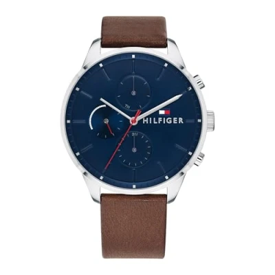 Obrázek Tommy Hilfiger Pánské analogové multifunkční quartzové hodinky hnědý kožený řemínek, 44 mm modrý ciferník, 3ručičkový strojek, vodotěsné do 5 ATM 1791487, Hnědá, Pásek