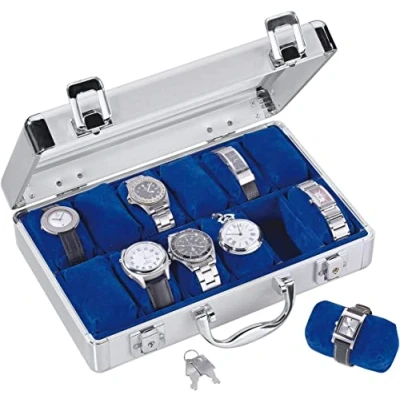 Obrázek SAFE 265 hliníkový úložný box na hodinky pánský s 12 hodinkovými držáky šperky v královsky modrém sametu uzamykatelný se skleněnou poklicí a odnímatelným polštářkem