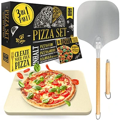 Obrázek kámen na pizzu Loco Bird pro troubu a plynový gril vč. lopatky sada 3 ks pizza obdélníkový z cordieritu křupavé dno pizzy jako od Italů, lopaty recepty (český jazyk