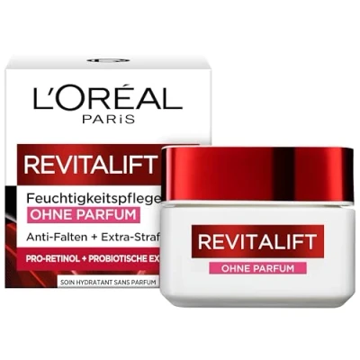 Obrázek L&#039;Oréal Paris Denní péče bez parfému, hydratační proti stárnutí pro obličej, také citlivou pokožku, s probiotiky, klasika Revitalift, 50 ml