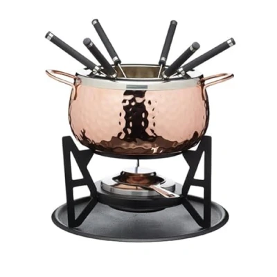 Obrázek Artesà sada na fondue se 6 vidličkami a miskou z ušlechtilé oceli, keramická miska, kovový stojan hořák, čokoládu, sýr nebo maso, měď/černá