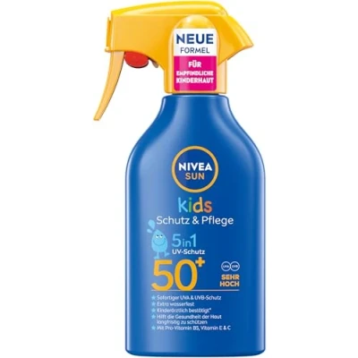 Obrázek NIVEA SUN Dětská ochrana &amp; péče Sluneční Sprej LSF 50+, vysoká proti slunci s panthenolem, vitaminem C a E, extra voděodolný opalovací krém pro citlivou pokožku (250 ml)