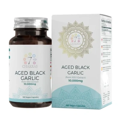 Obrázek 7C černé česnekové kapsle 180 kapslí Black Garlic, bez zápachu 10 000 mg výtažku z česneku v jedné kapsli genetické, lepku a alergenů Vyrobeno ve Velké Británii