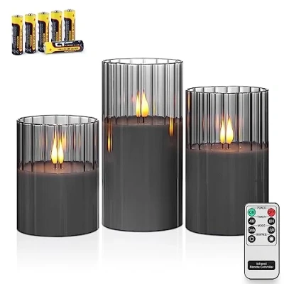 Obrázek Rhytsing 3 Grau LED Kerzen im Glas mit Timerfunktion, Riffelglas Flammenlose Fernbedienung und Batterien Enthalten, H 10/12,5/15cm