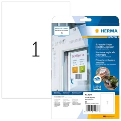 Obrázek HERMA 4577 Fóliové etikety odolné vůči povětrnostním vlivům odstranitelné, 20 listů, 210 x 297 mm, 1 na arch A4, kusů, samolepicí, potištěné, matné, prázdné lepicí z fólie, bílé