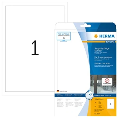 Obrázek HERMA 8334 fóliové etikety odolné proti povětrnostním vlivům, 25 listů, 190 x 275 mm, 1 na arch A4, kusů, samolepicí, potiskovatelné, matné, prázdné samolepicí etikety, nálepky z fólie, bílé