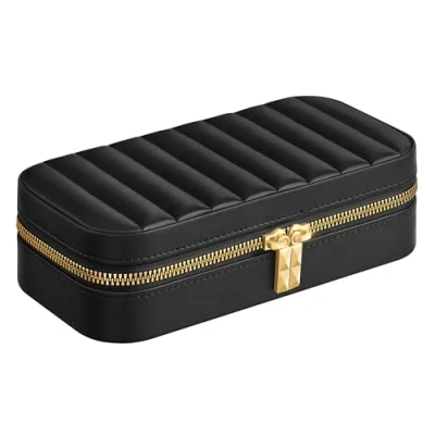Obrázek SONGMICS HOME ANAH kolekce Šperkovnice na cesty, šperkovnice malá, uložení šperků se zrcadlem, 10,5 x 20,5 6 cm, PU švy, zip, nápad dárek, inkoustově černá JBC180B01