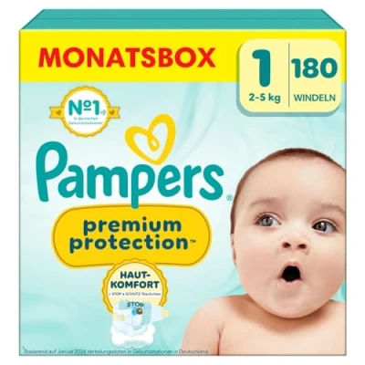 Obrázek Pampers Dětské plenky velikost 1, prémiová ochrana, x 180, 2 kg 5 kg, dvojitá ochrana pro pohodlí pokožky a proti vytékání