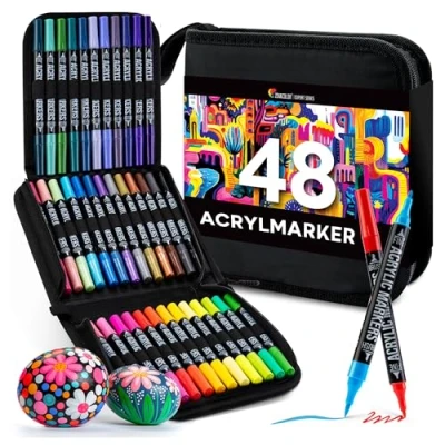 Obrázek Zenacolor 48 akrylových tužek na kameny voděodolné s dvojitou špičkou (jemná špička a štětec) akrylové tužky různé povrchy multimarker akryl jednou kapsou
