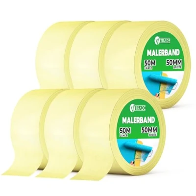 Obrázek V1 TRADE krepová páska 50 mm x m 6 kusů univerzální malířská užitečná při malování snadno odnímatelná lepicí vodotěsná žlutá (1,6 ks)