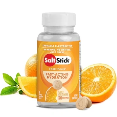 Obrázek SaltStick Fastchews Orange 60 elektrolytových žvýkacích tablet se solí, minerálními látkami (sodík, draslík, vápník, hořčík) a sacharidy, 99 g