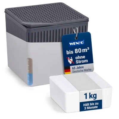 Obrázek WENKO odvlhčovač vzduchu Mod. Cube, snižuje plísně a pachy, odkapávací miska doplnitelná 1 kg granulátového bloku, pojme vlhkost až 1,6 l, 16,5 x 15,7 cm, šedá