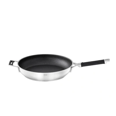 Obrázek RÖSLE SILENCE PRO pánev na smažení, s nepřilnavým povrchem odolným proti poškrábání ProResist, silikonová rukojeť, 32 cm, ušlechtilá ocel 18/10, vhodná indukci, vhodné do myčky, stříbrné