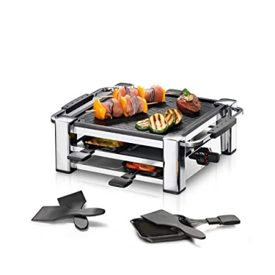 Obrázek ROMMELSBACHER RCC 1000 raclette gril (stolní gril, pro 4 osoby, žebrovaná grilovací deska z hliníkového tlakového odlitku s nepřilnavým povrchem Xylan Plus, parkovací plocha, pánvičky, škrabky,