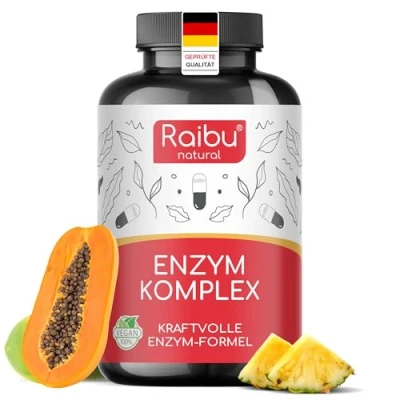 Obrázek Trávicí enzymy, enzymový komplex bromelain, papain, proteáza, amyláza, lipáza a laktáza bakteriální kultury přírodní vápník pro lepší složení 90 kapslí odolných žaludečním šťávám Raibu