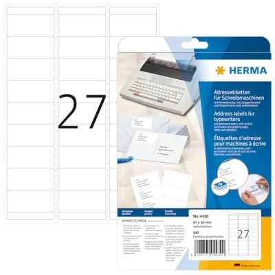 Obrázek HERMA 4430 Adresní etikety pro psací stroje, 20 listů, 67 x 30 mm, 27 na arch A4, 540 kusů, samolepicí, potisknutelné, matné, prázdné papírové samolepicí štítky adresu etikety, bílé