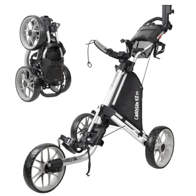 Obrázek CaddyTek EZ Tour Quickfold Deluxe golfový vozík se 3 koly Golfcaddy kompletní s chladicí taškou model 2020 (stříbrošedá)