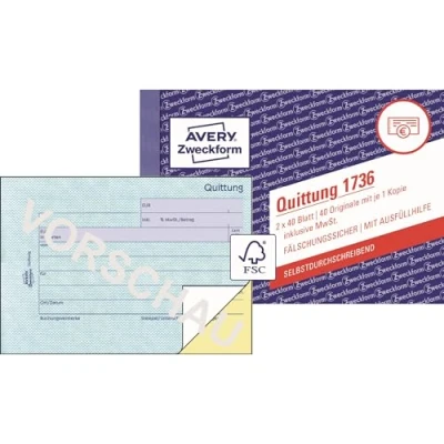 Obrázek AVERY Zweckform 1736 blok stvrzenek (A6 na šířku, 2 x 40 listů, propisující, tisk dokumentů zabezpečený proti falšování, pro částky pod 250 vč. DPH, DE/AT) bílá/žlutá