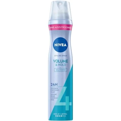 Obrázek NIVEA Volume &amp; Hold Styling Spray, posilující sprej na vlasy s UV ochranou, Panthenol Vitamin B3, lak pro viditelně větší objem 24 h držení (stupeň fixace 4), veganský pečující bez