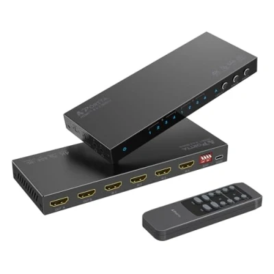 Obrázek HDMI Matrix 4x2 4K 60Hz, PORTTA Switch Splitter 4 in 2 Out s Toslink 3. 5mm Audio Extractor ARC 16 EDID Modes Downscale, a IR dálkové ovládání podporuje 2. 0b HDCP 3/2. HDR 3D