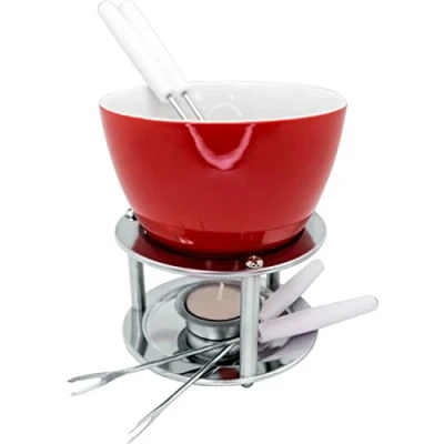 Obrázek Vin kytice FIH 022 keramické čokoládové/sýrové fondue, včetně čajové svíčky a čtyř špízů, základna z ušlechtilé oceli, bílá červená