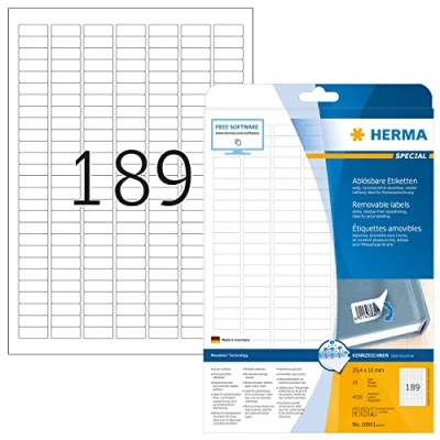Obrázek HERMA 10001 univerzální odlepitelné etikety, 25 listů, 25,4 x 10 mm, 189 na arch A4, 4725 kusů, samolepicí, potištěné, matné, prázdné papírové lepicí bílé