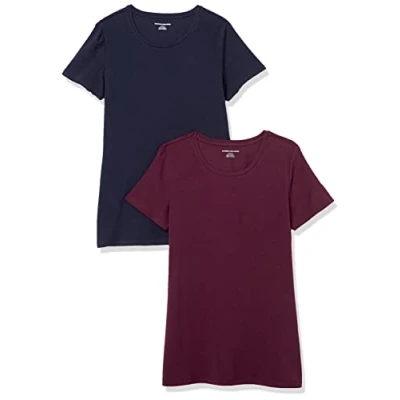 Obrázek Amazon Essentials Dámské tričko s krátkými rukávy a kulatým výstřihem v normálním střihu, balení po 2 kusech, vínová / námořnická modrá, M