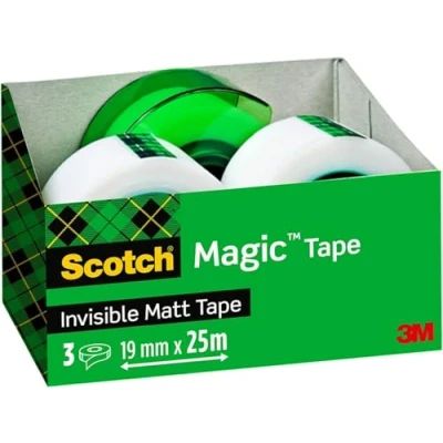 Obrázek Scotch Magic neviditelná lepicí páska, 3 role, 19 mm x 25 m + 1 ruční odvíječ zdarma zelený páska pro všeobecné účely k opravě, etiketování a zapečetění dokumentů