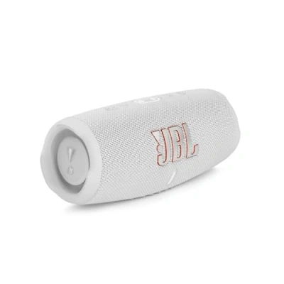 Obrázek Bluetooth reproduktor JBL Charge 5 v bílé barvě vodotěsný, přenosný boombox s integrovanou powerbankou a stereo zvukem jedno nabití baterie až pro 20 hodin bezdrátového zážitku z hudby