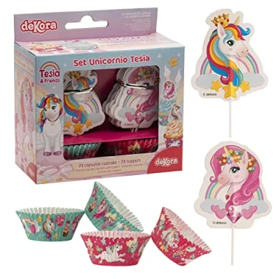 Obrázek Dekora Backformen Set Muffin und Cupcake Formen Papier mit Cake Topper 24 Backförmchen + Toppers Einhorn