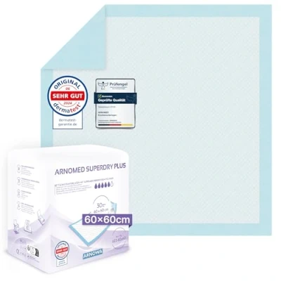 Obrázek ARNOMED Zdravotní podložky 60 x cm, 30 vysoce savé inkontinenční na jedno použití, přebalovací podložka pro miminka, 5vrstvé z buničiny do postele např. při inkontinenci,