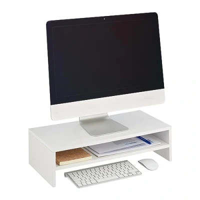 Obrázek Relaxdays Stojan na monitor, přídavná odkládací plocha, vxšxh: 14,5 x 54 25,5 cm, výška obrazovky pro psací stůl, moderní, bílá, dřevovláknitá deska