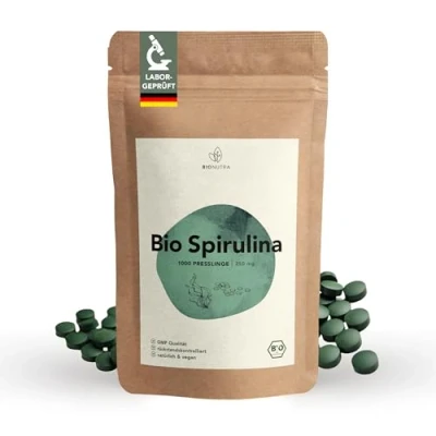 Obrázek bio Spirulina tablety 1000 x 250 mg, kontrolované zbytky, vyrobené podle normy EU EKO, veganské, bez laktózy a lepku, přísad, pirulina lisované tyčinky BIONUTRA®