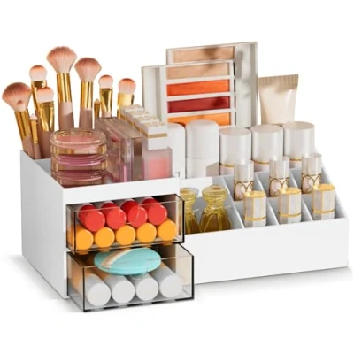 Obrázek Subsky organizér na líčení se zásuvkami, multifunkční toaletní stolek jednoduché uložení štětců make up, vatové polštářky, psací stůl pro Dresser Skincare bílý