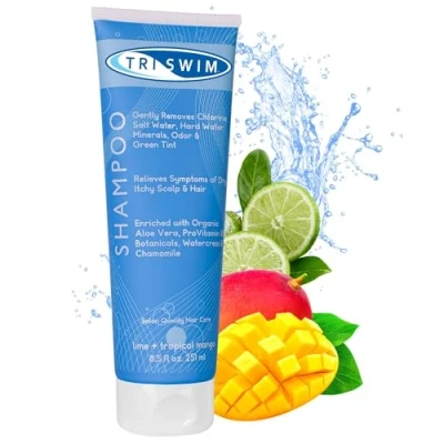 Obrázek TRISWIM Šampon pro odstranění chlóru péče po plavání hydratační veganský anti chlórový šampon plavce limetkové mango (251 ml)